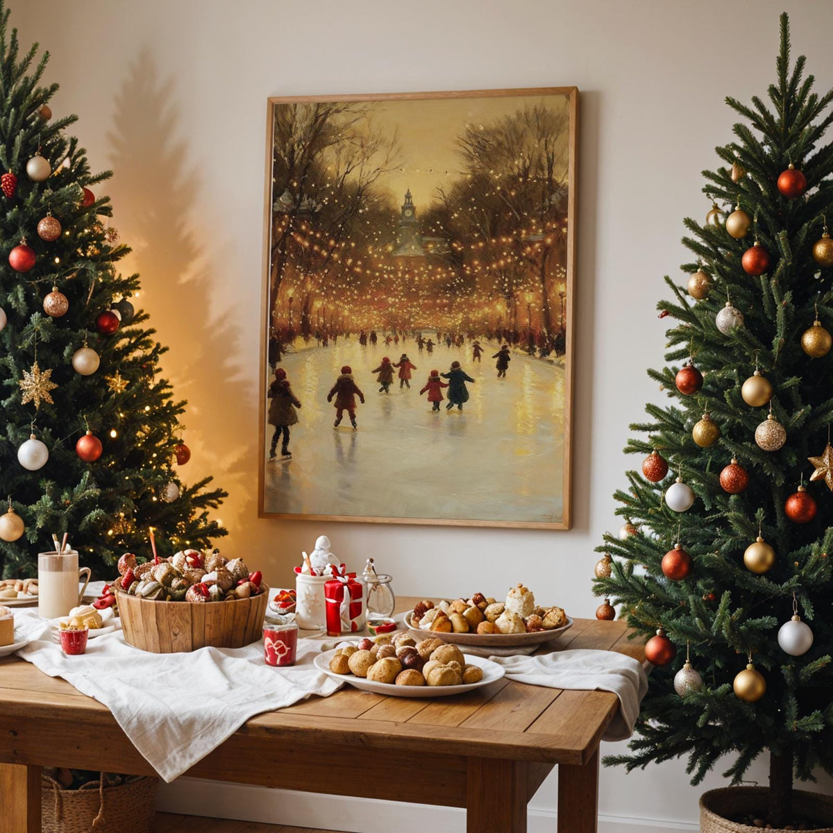 Christmas Ice Skating Poster – Winter Skating Rink Wall Art Print, Festive Holiday Decor, Cozy Home Christmas Village, F
