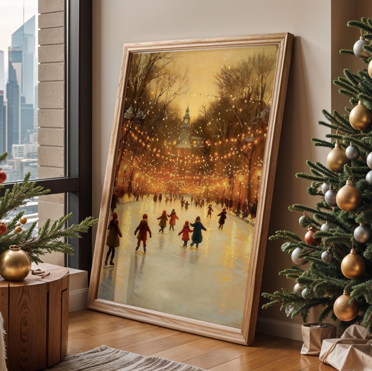Christmas Ice Skating Poster – Winter Skating Rink Wall Art Print, Festive Holiday Decor, Cozy Home Christmas Village, F