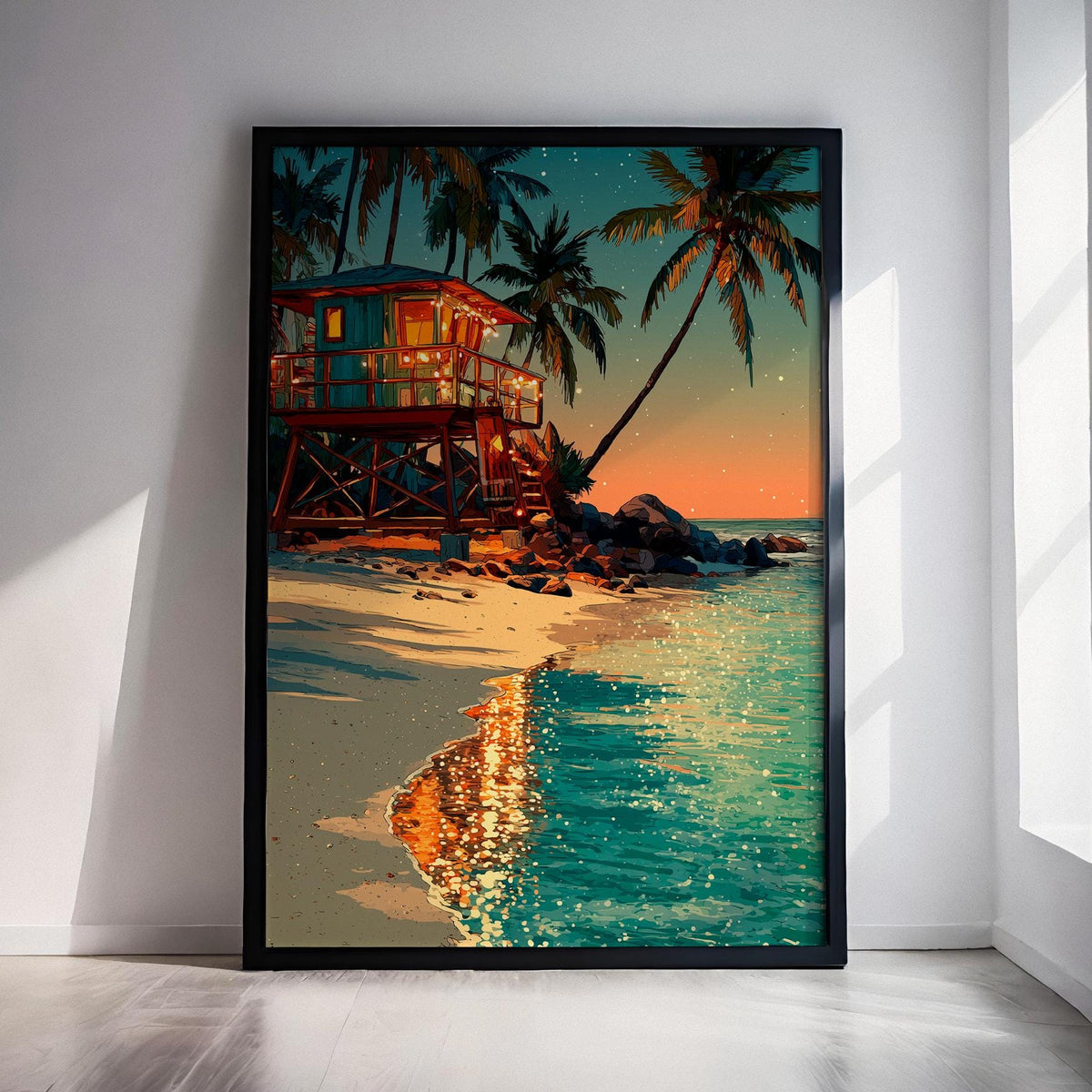 Tropical Christmas Art Print – Beach Night Canvas, Holiday Decor Poster, Festive Home Wall Art