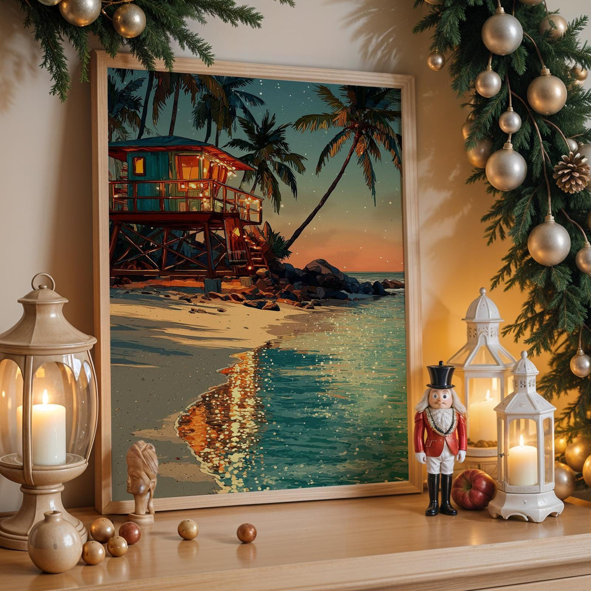 Tropical Christmas Art Print – Beach Night Canvas, Holiday Decor Poster, Festive Home Wall Art