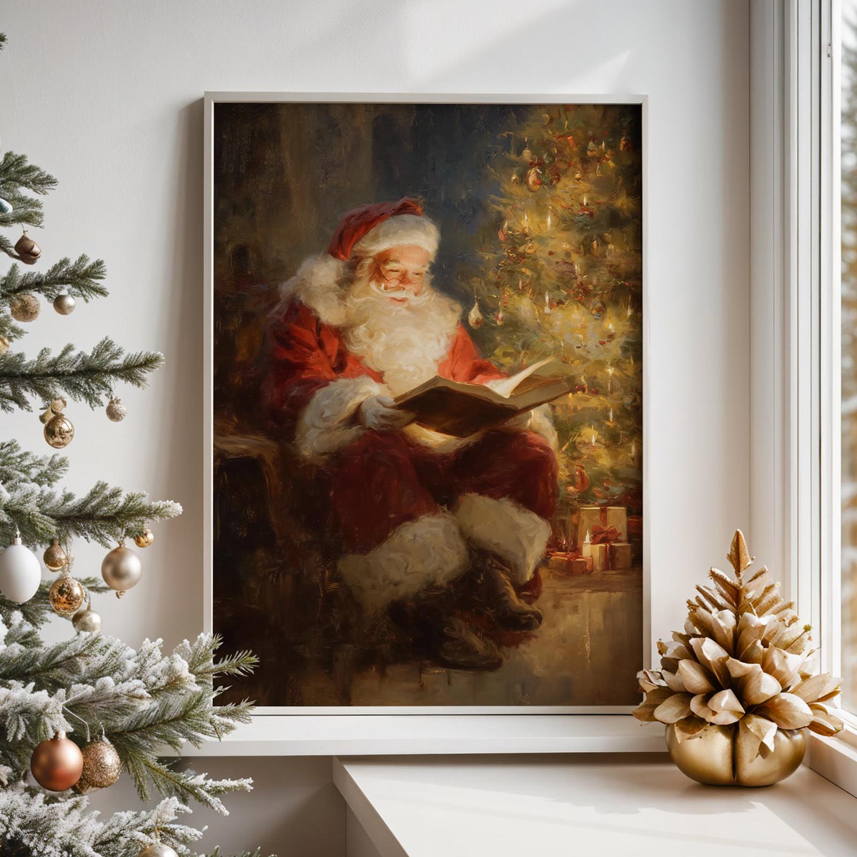 Classic Santa Claus Reading Christmas Story Print, Warm Holiday Wall Art Gift