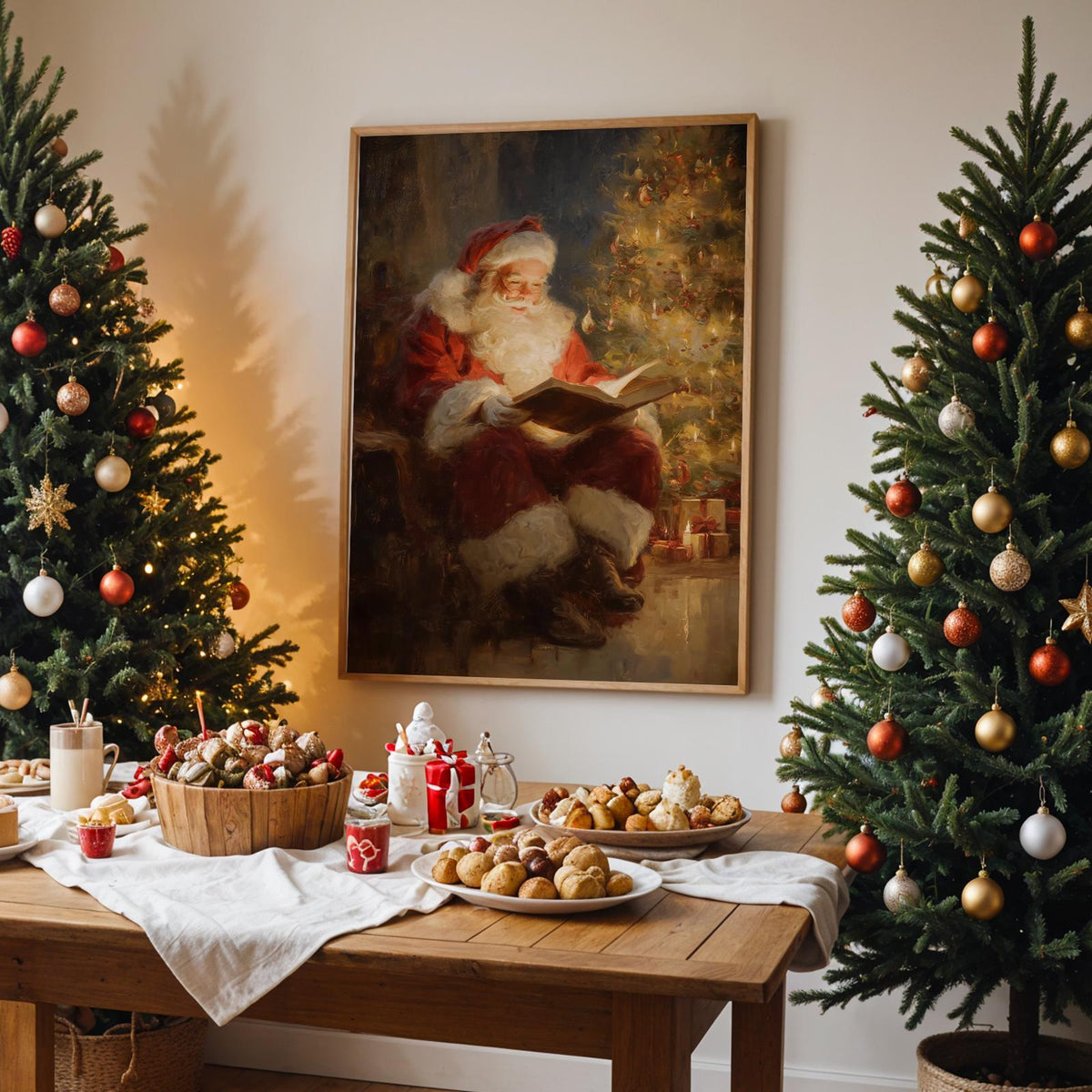 Classic Santa Claus Reading Christmas Story Print, Warm Holiday Wall Art Gift