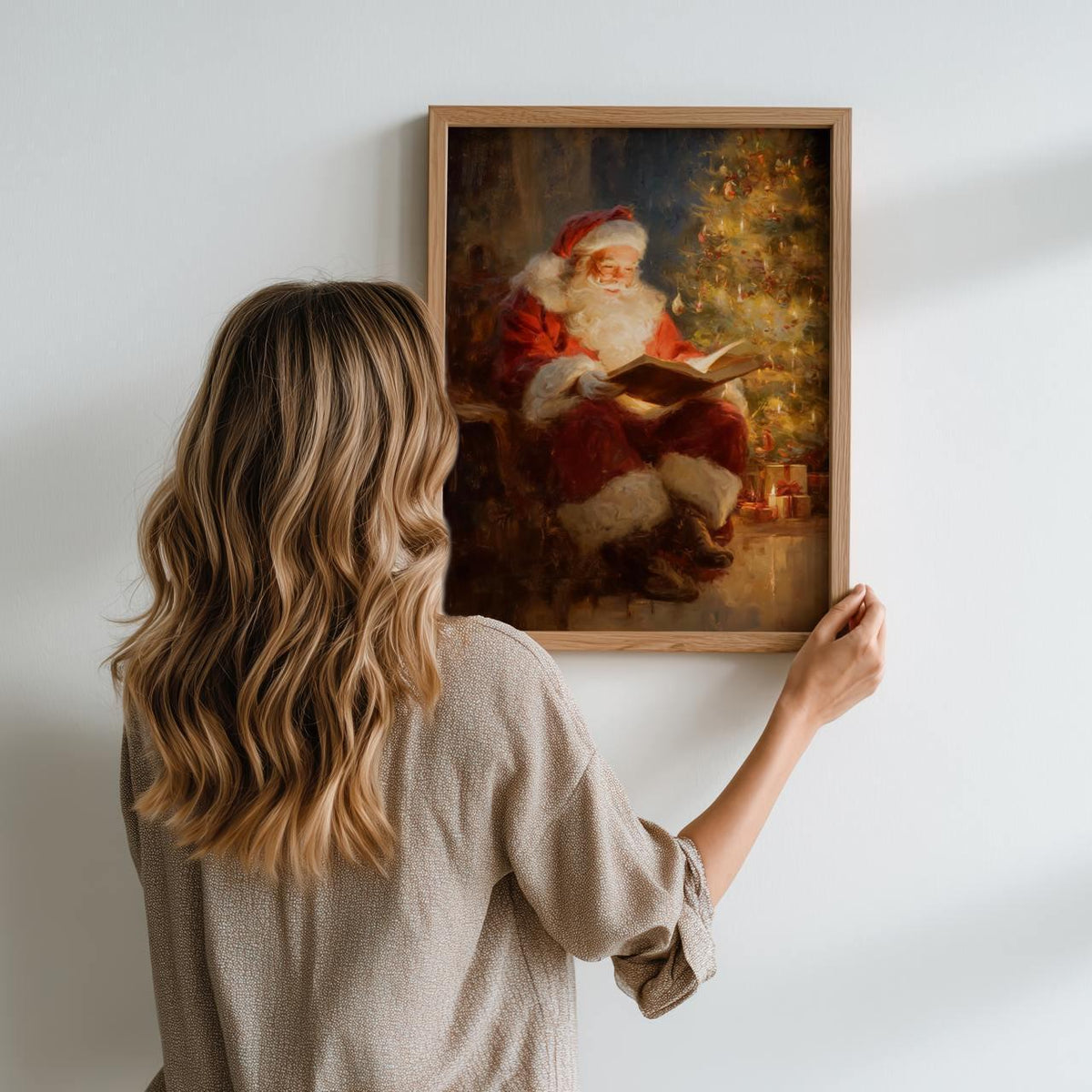 Classic Santa Claus Reading Christmas Story Print, Warm Holiday Wall Art Gift