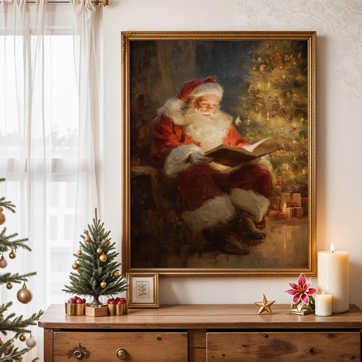 Classic Santa Claus Reading Christmas Story Print, Warm Holiday Wall Art Gift