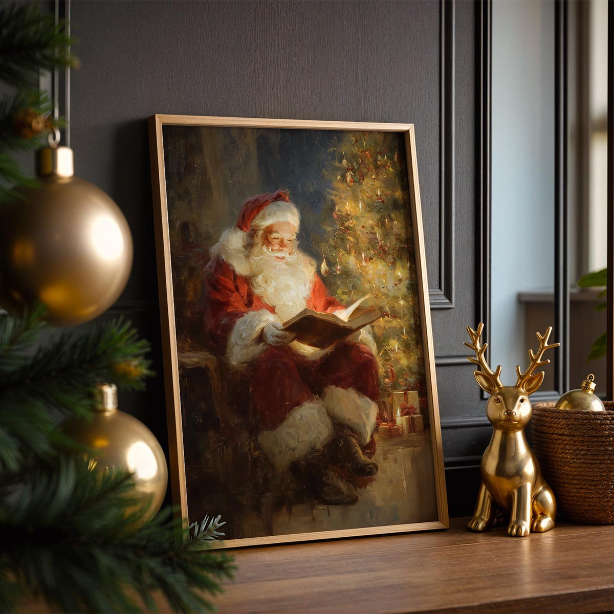Classic Santa Claus Reading Christmas Story Print, Warm Holiday Wall Art Gift