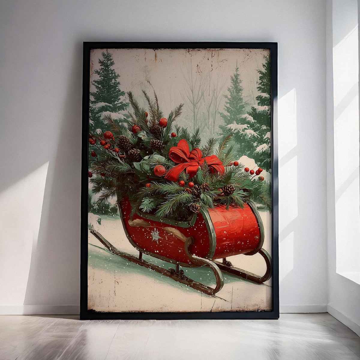 Christmas Sleigh in Snowy Forest, Festive Holiday Wall Art Print, Cozy Winter Home Decor Poster
