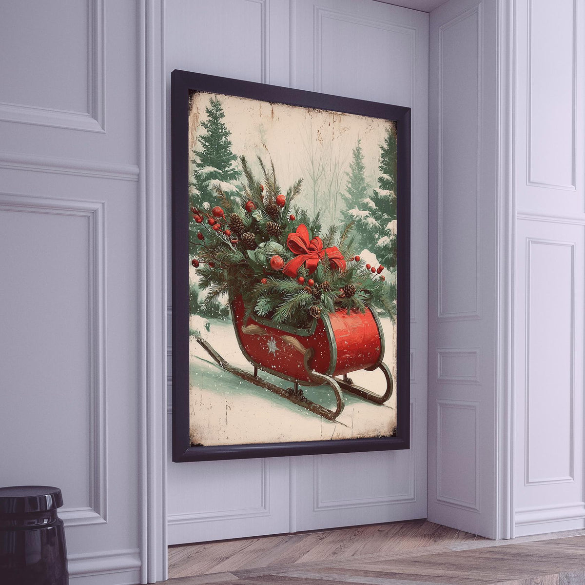 Christmas Sleigh in Snowy Forest, Festive Holiday Wall Art Print, Cozy Winter Home Decor Poster