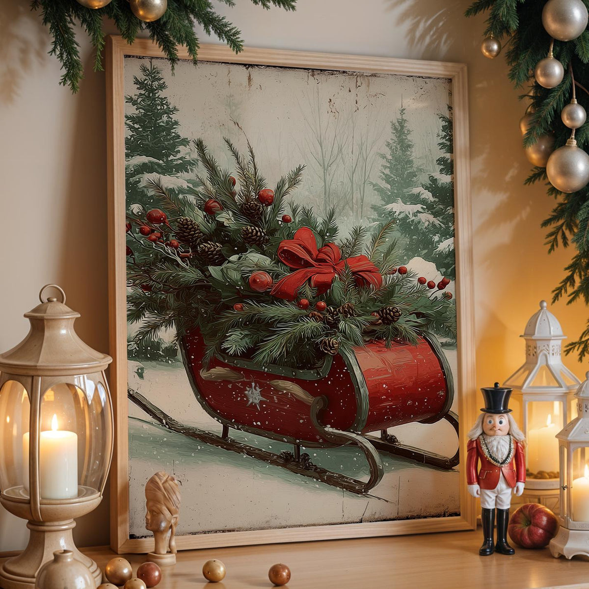 Christmas Sleigh in Snowy Forest, Festive Holiday Wall Art Print, Cozy Winter Home Decor Poster