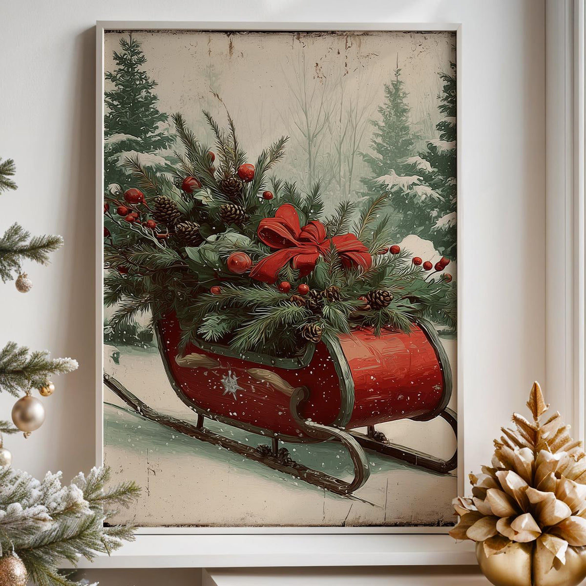 Christmas Sleigh in Snowy Forest, Festive Holiday Wall Art Print, Cozy Winter Home Decor Poster