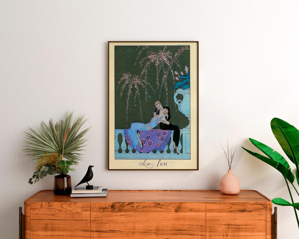 George Barbier - Le Feu. Couple love art print, Interior painting, Extravagant poster print, Vintage art, Gallery wrappe
