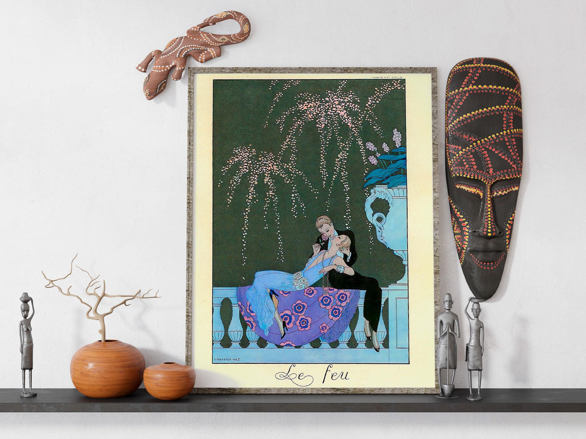 George Barbier - Le Feu. Couple love art print, Interior painting, Extravagant poster print, Vintage art, Gallery wrappe