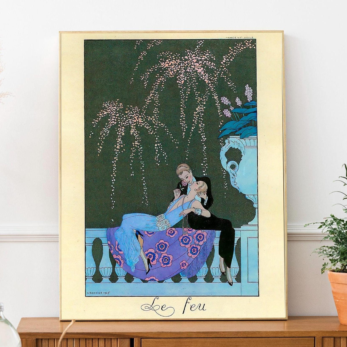 George Barbier - Le Feu. Couple love art print, Interior painting, Extravagant poster print, Vintage art, Gallery wrappe
