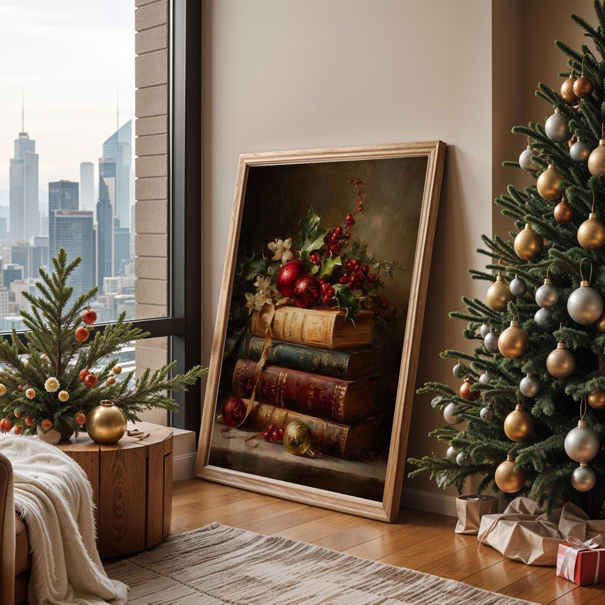 Vintage Book Stack Christmas Print, Retro Holiday Ornament Wall Art