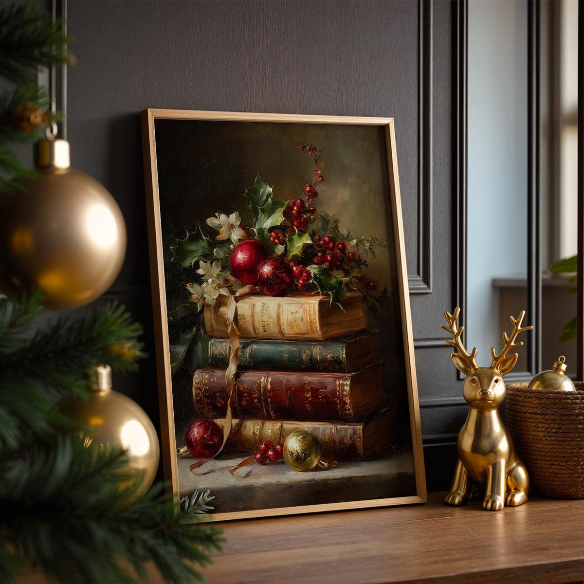 Vintage Book Stack Christmas Print, Retro Holiday Ornament Wall Art