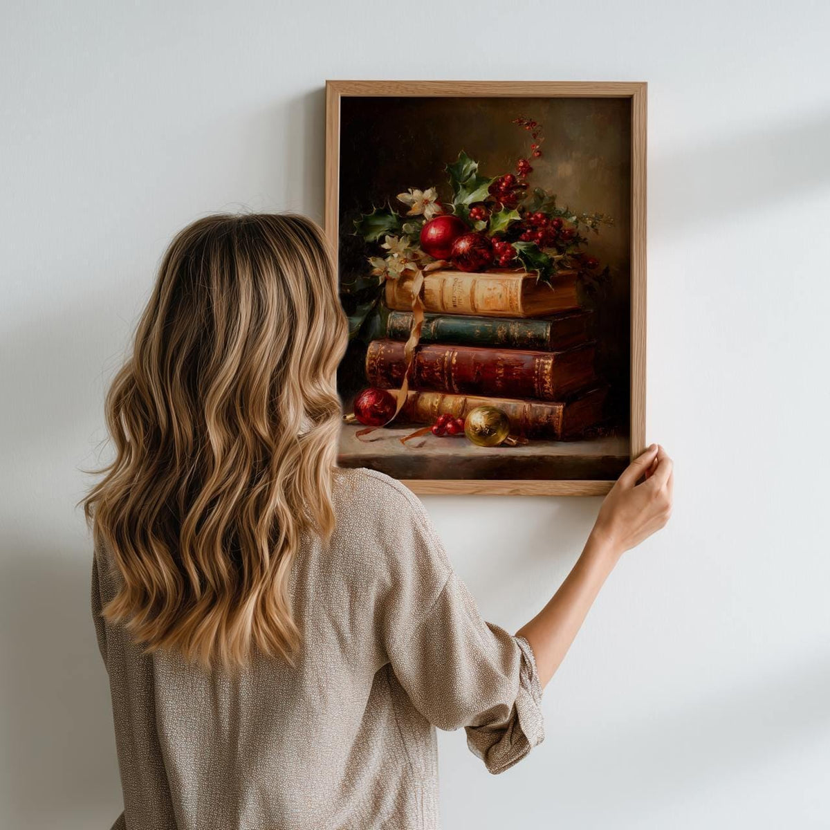 Vintage Book Stack Christmas Print, Retro Holiday Ornament Wall Art
