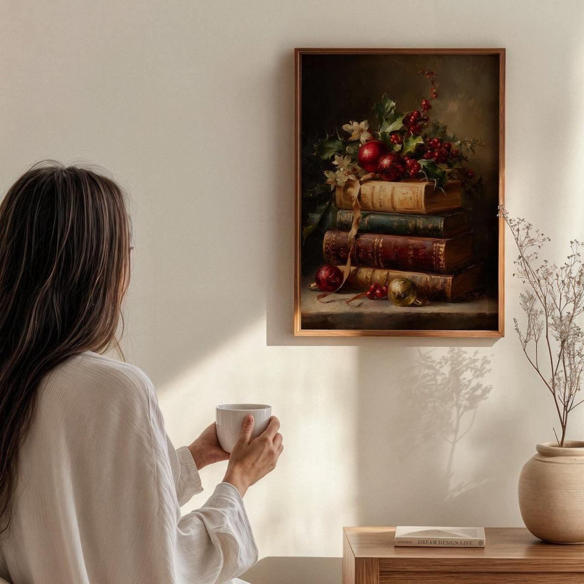 Vintage Book Stack Christmas Print, Retro Holiday Ornament Wall Art
