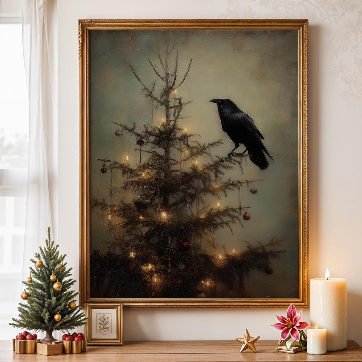 Dark Academia Christmas Crow Print, Gothic Holiday Wall Art Gift for Him or Her