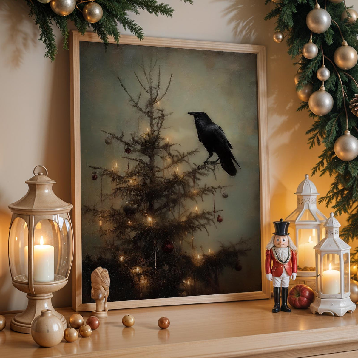 Dark Academia Christmas Crow Print, Gothic Holiday Wall Art Gift for Him or Her