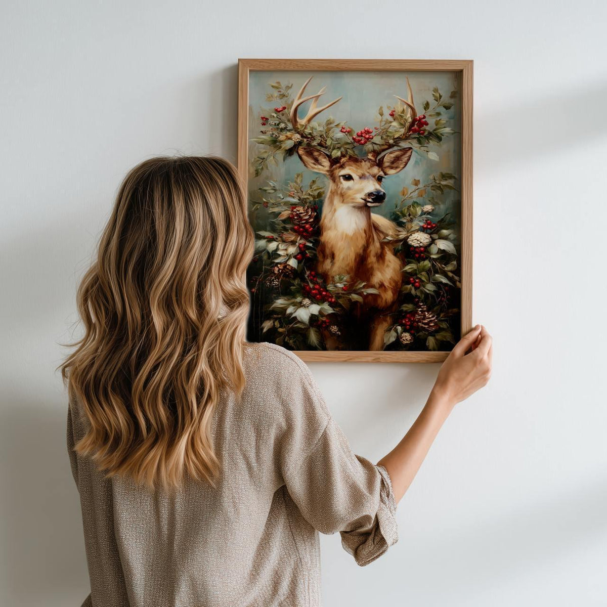 Christmas Reindeer Portrait with Festive Wreath Poster, Holiday Wall Art Print, Rustic Winter Home Decor
