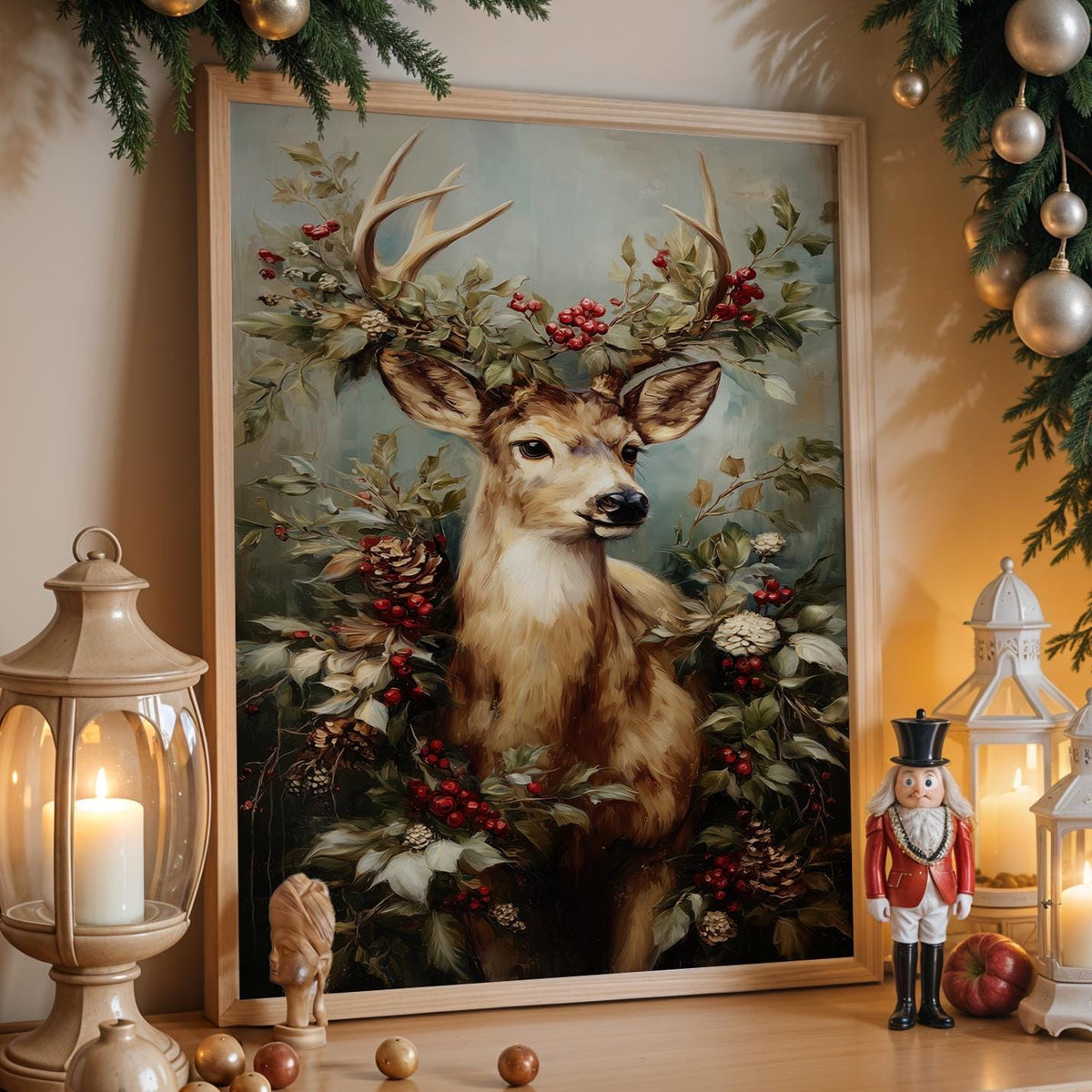 Christmas Reindeer Portrait with Festive Wreath Poster, Holiday Wall Art Print, Rustic Winter Home Decor