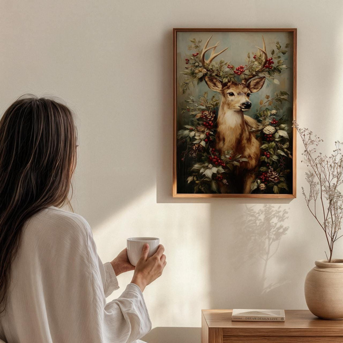 Christmas Reindeer Portrait with Festive Wreath Poster, Holiday Wall Art Print, Rustic Winter Home Decor