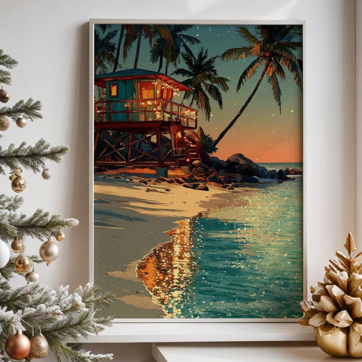Tropical Christmas Art Print – Beach Night Canvas, Holiday Decor Poster, Festive Home Wall Art