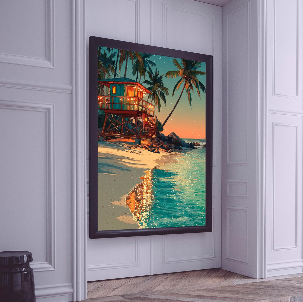 Tropical Christmas Art Print – Beach Night Canvas, Holiday Decor Poster, Festive Home Wall Art
