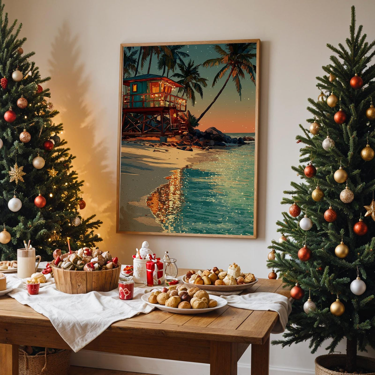 Tropical Christmas Art Print – Beach Night Canvas, Holiday Decor Poster, Festive Home Wall Art