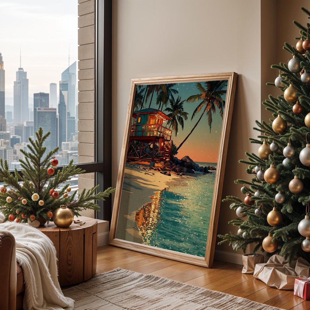 Tropical Christmas Art Print – Beach Night Canvas, Holiday Decor Poster, Festive Home Wall Art