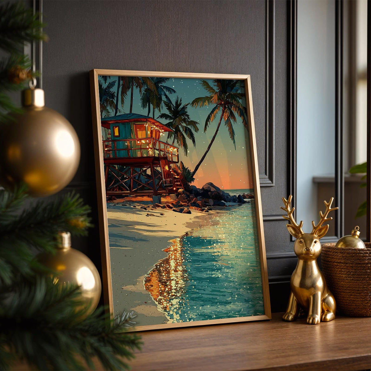 Tropical Christmas Art Print – Beach Night Canvas, Holiday Decor Poster, Festive Home Wall Art