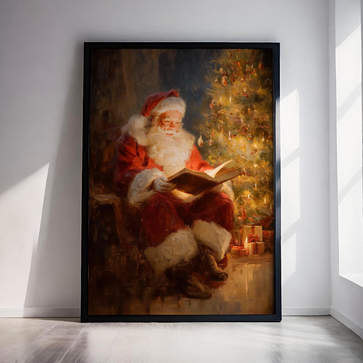 Classic Santa Claus Reading Christmas Story Print, Warm Holiday Wall Art Gift