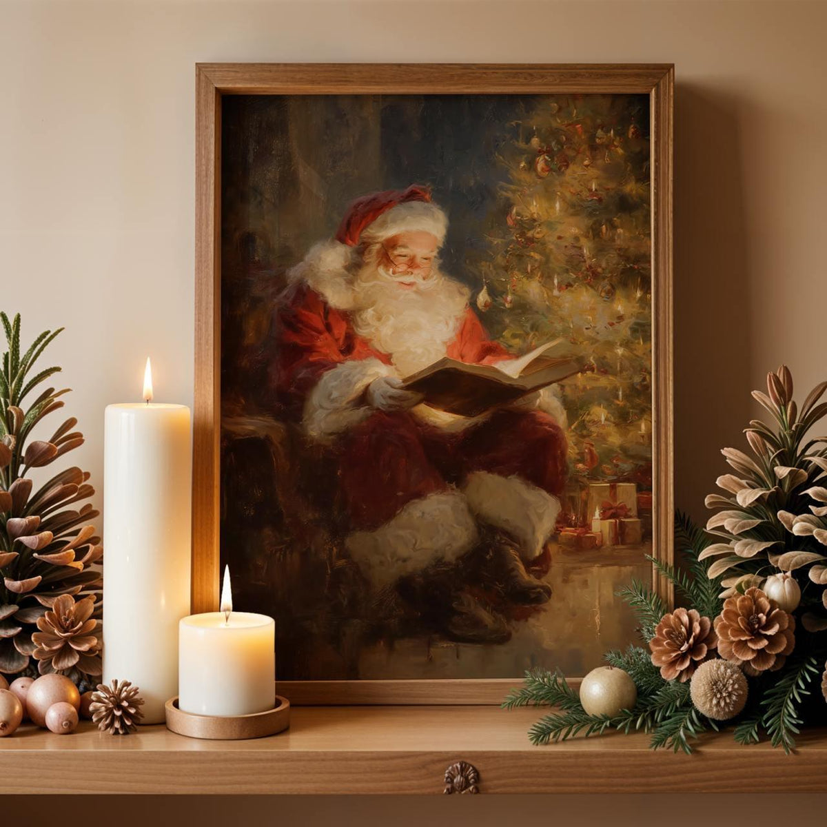 Classic Santa Claus Reading Christmas Story Print, Warm Holiday Wall Art Gift