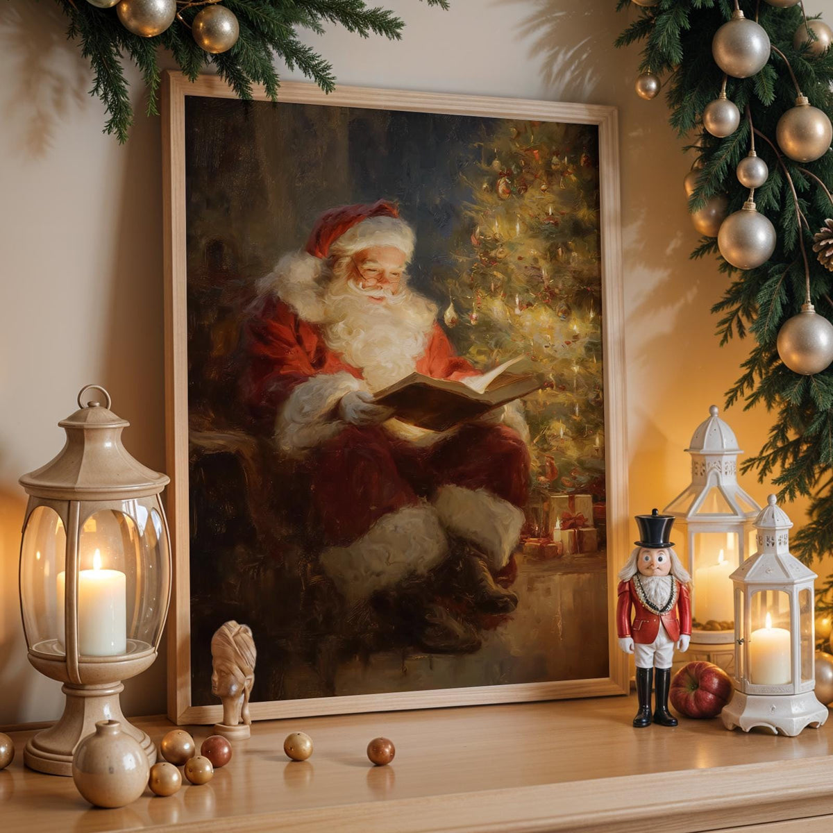 Classic Santa Claus Reading Christmas Story Print, Warm Holiday Wall Art Gift