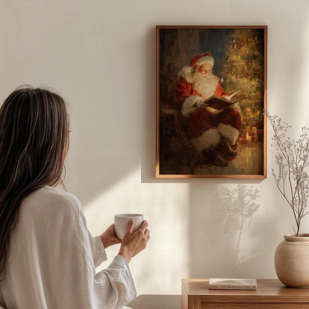 Classic Santa Claus Reading Christmas Story Print, Warm Holiday Wall Art Gift