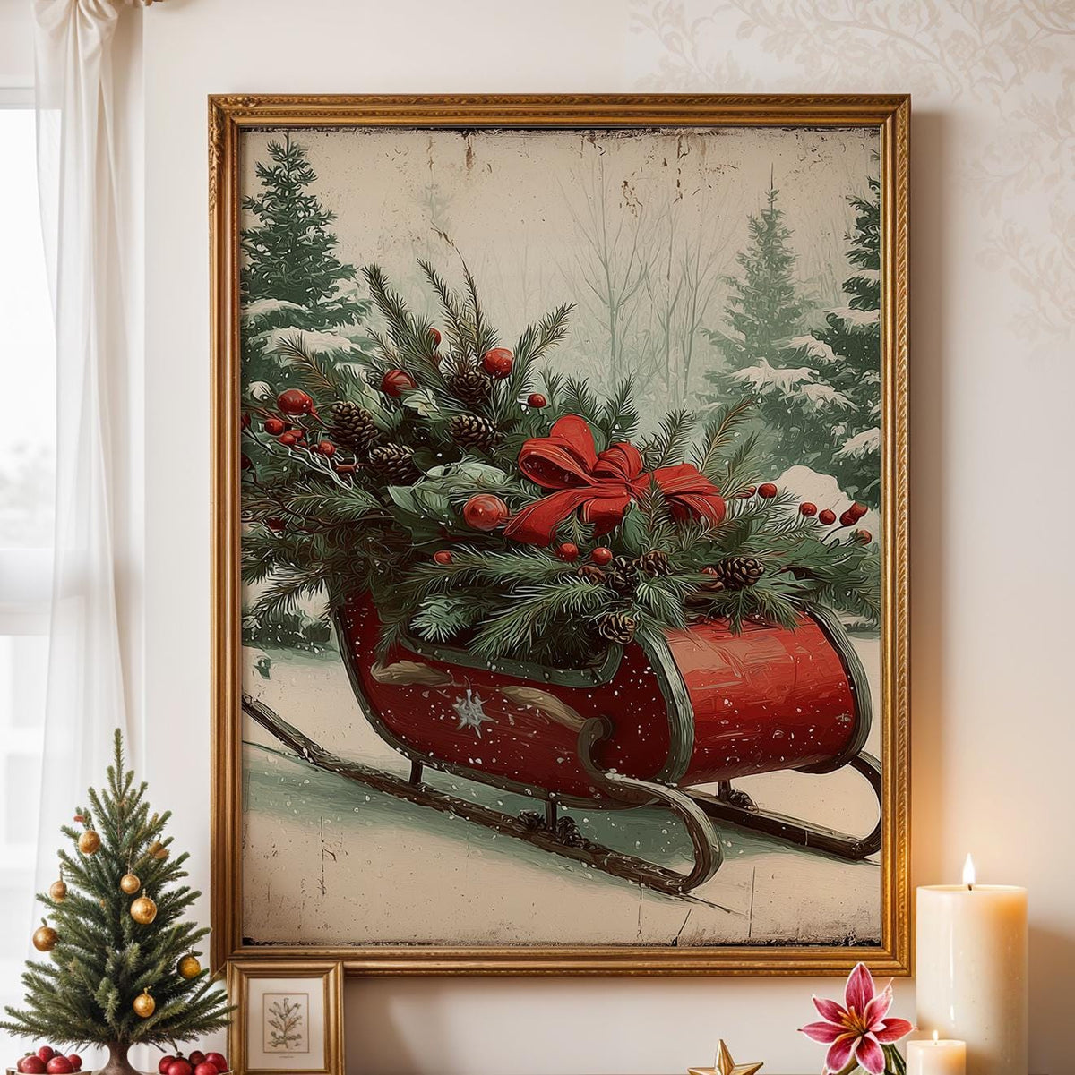 Christmas Sleigh in Snowy Forest, Festive Holiday Wall Art Print, Cozy Winter Home Decor Poster