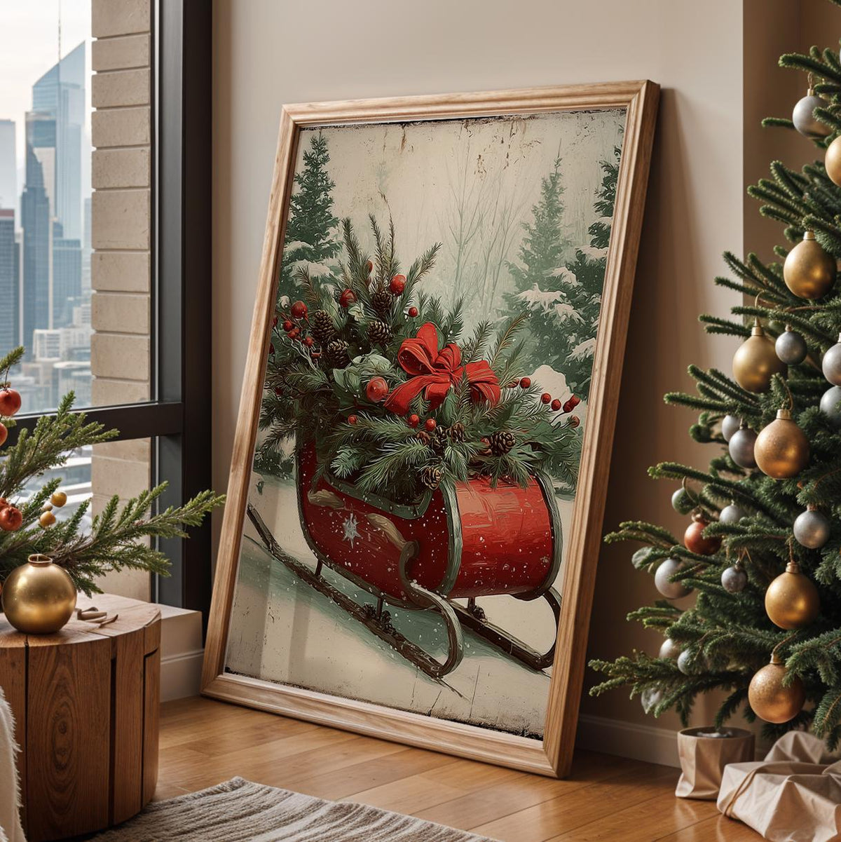 Christmas Sleigh in Snowy Forest, Festive Holiday Wall Art Print, Cozy Winter Home Decor Poster