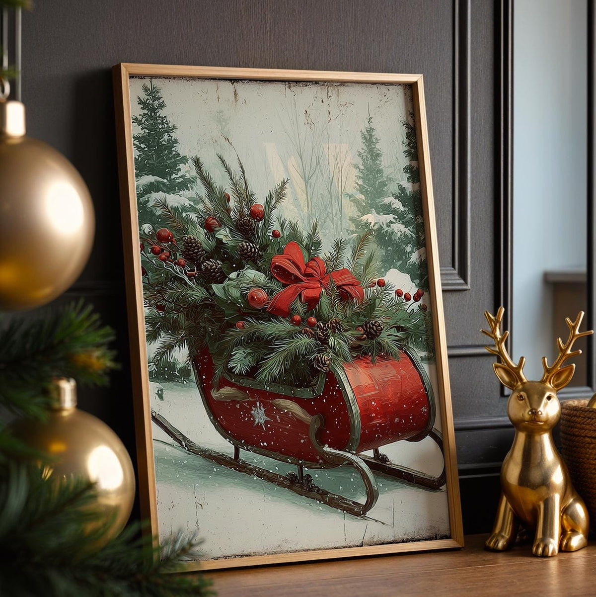 Christmas Sleigh in Snowy Forest, Festive Holiday Wall Art Print, Cozy Winter Home Decor Poster