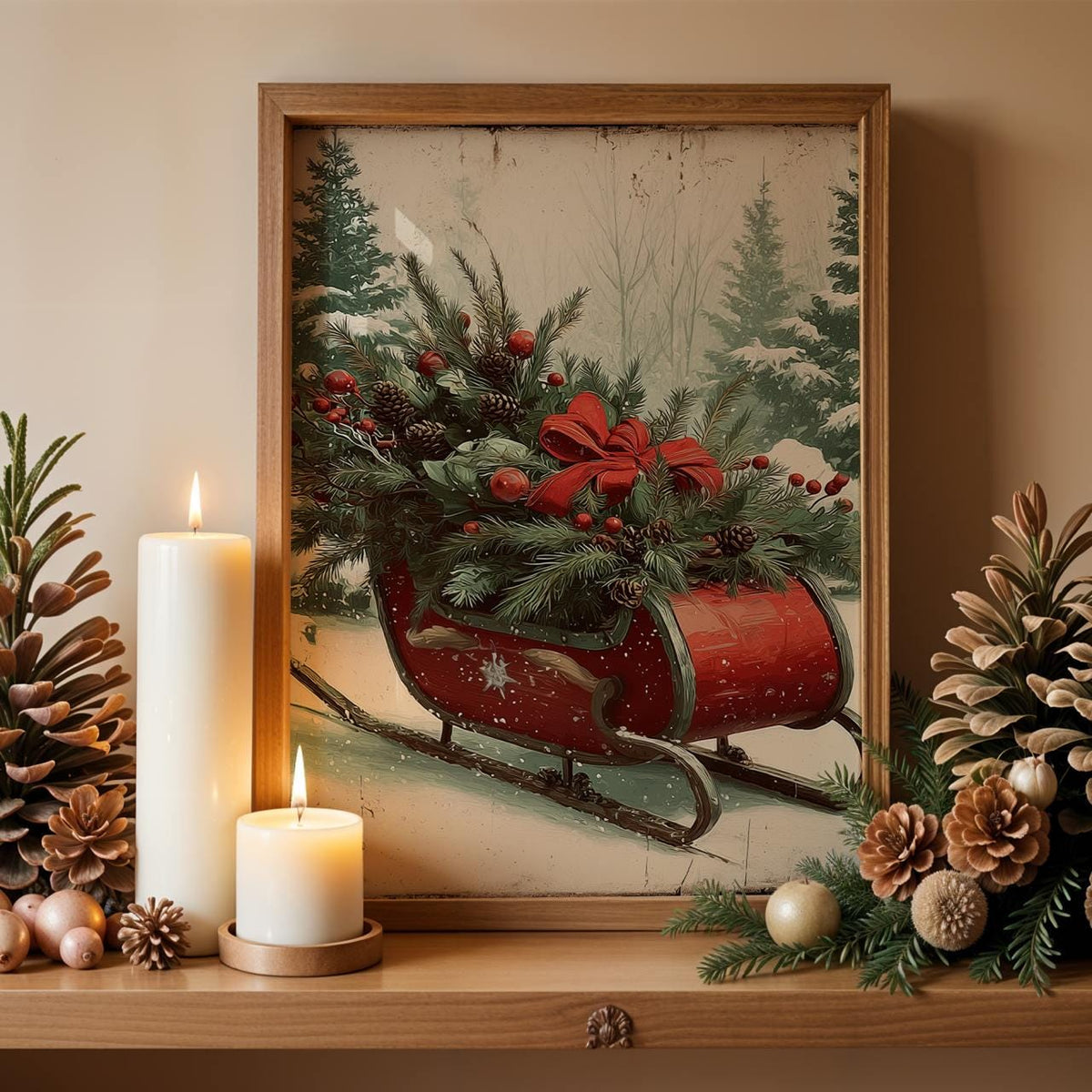 Christmas Sleigh in Snowy Forest, Festive Holiday Wall Art Print, Cozy Winter Home Decor Poster