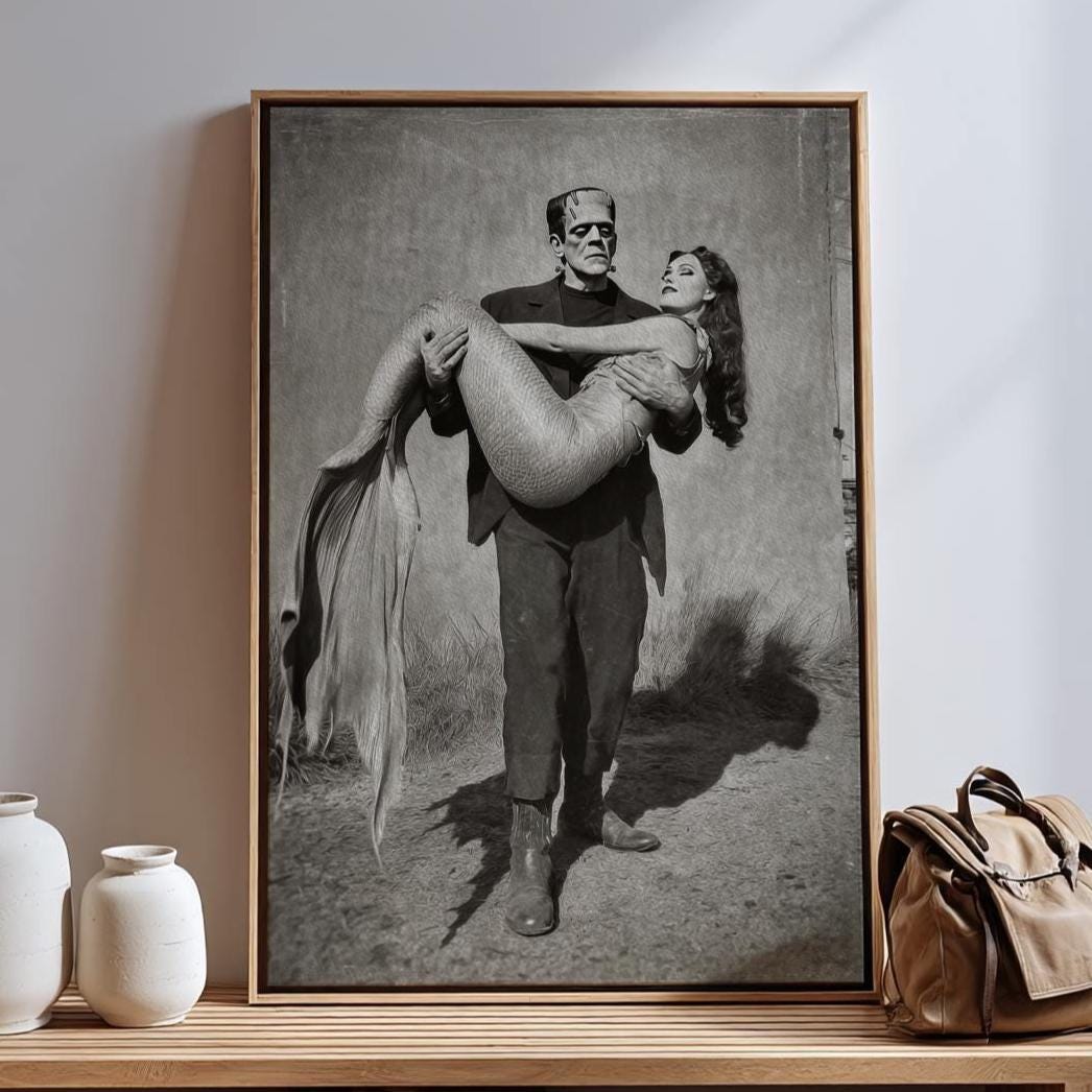 Humorous Frankenstein and Mermaid Canvas & Poster
