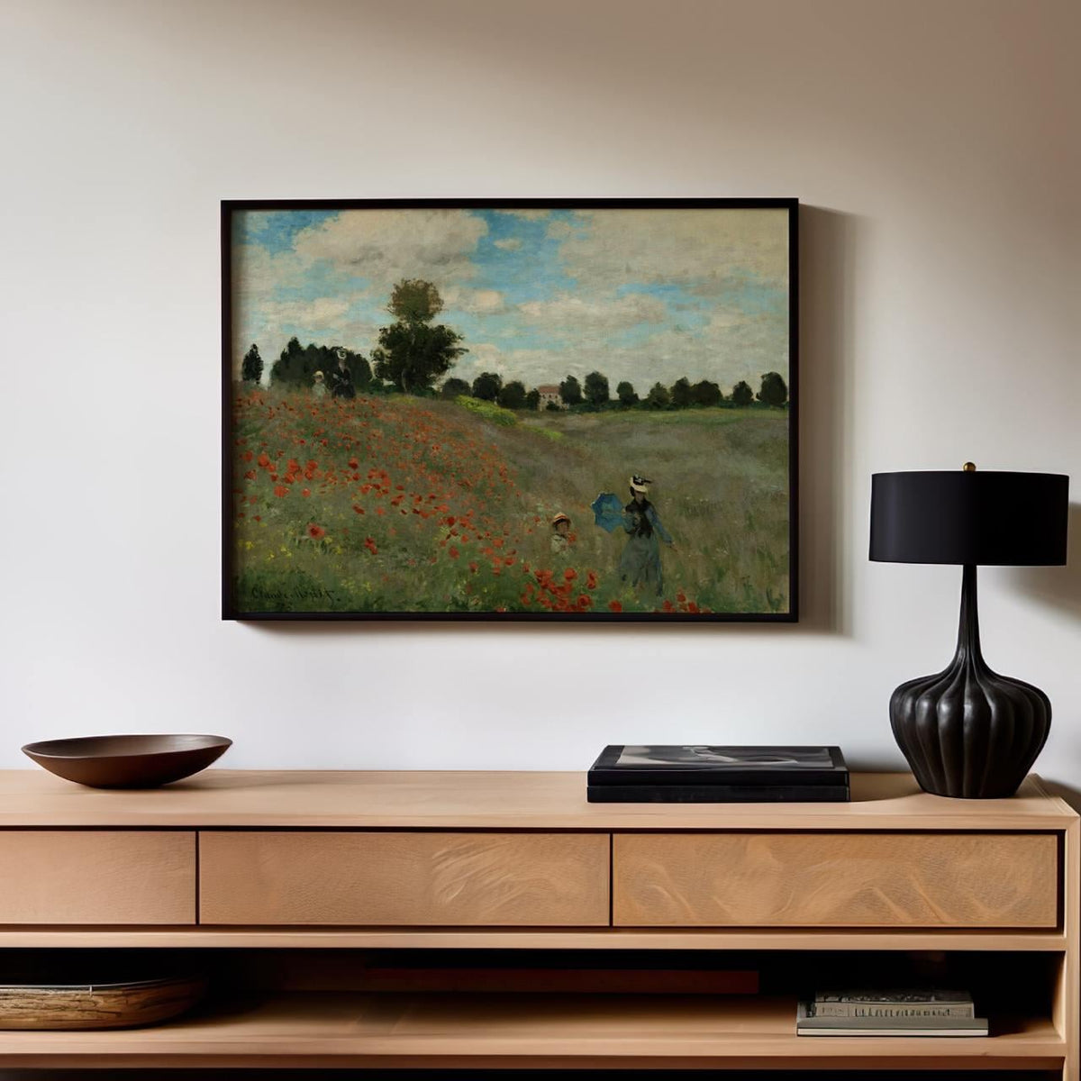 Claude Monet Poppy Field Near Argenteuil Framed Canvas Print, Impressionist Floral Landscape Wall Art, Classic Home Deco