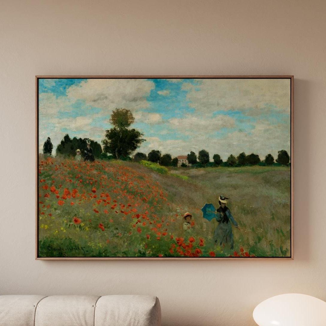 Claude Monet Poppy Field Near Argenteuil Framed Canvas Print, Impressionist Floral Landscape Wall Art, Classic Home Deco