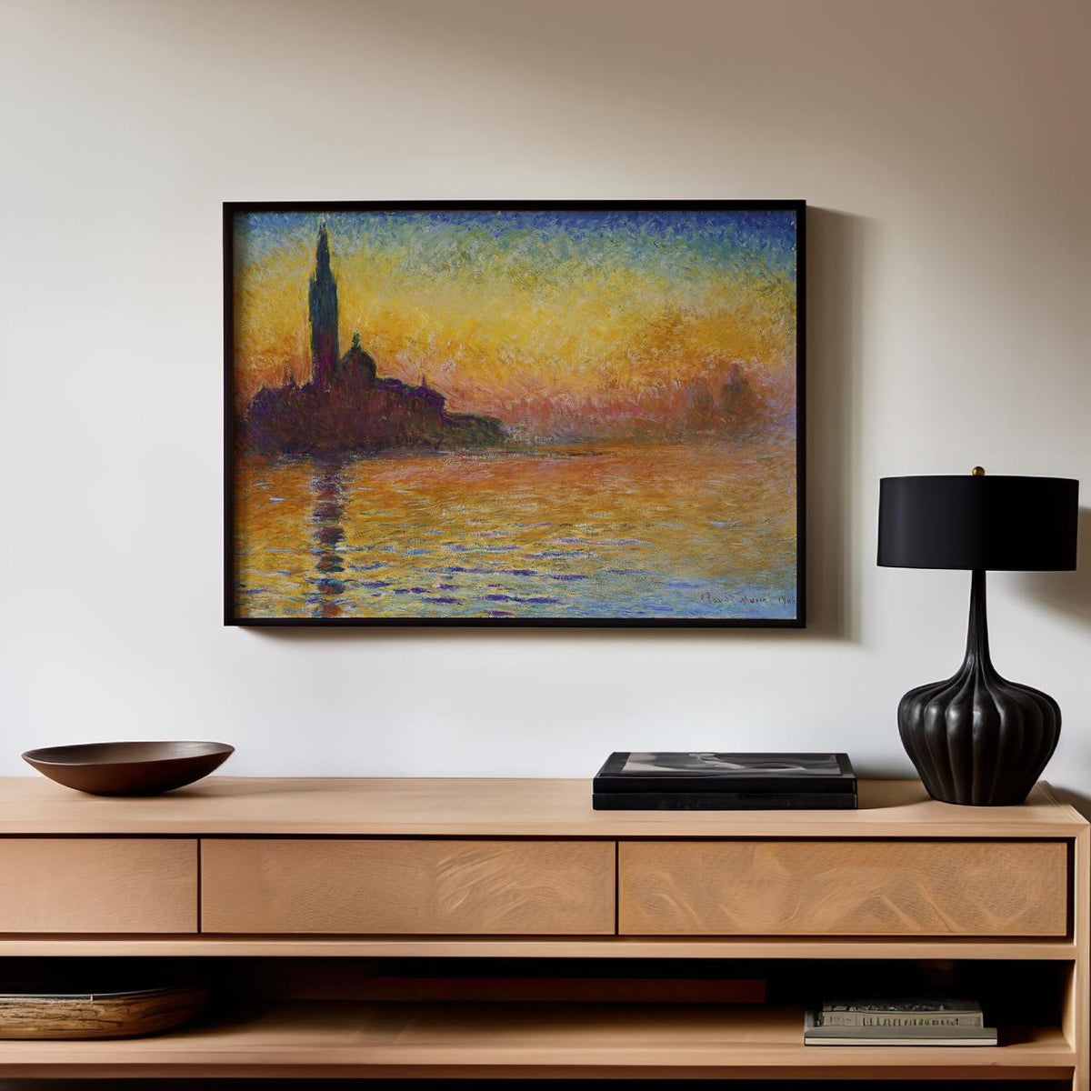 Claude Monet San Giorgio Maggiore at Dusk Framed Canvas Print, Venetian Sunset Impressionist Wall Art, Classic Home Deco