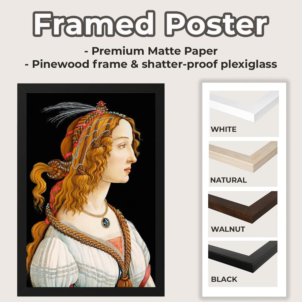 Sandro Botticelli, Portrait Simonetta Vespucci Nymph - Framed Canvas Wall Art, Office Decor, Large Canvas Print