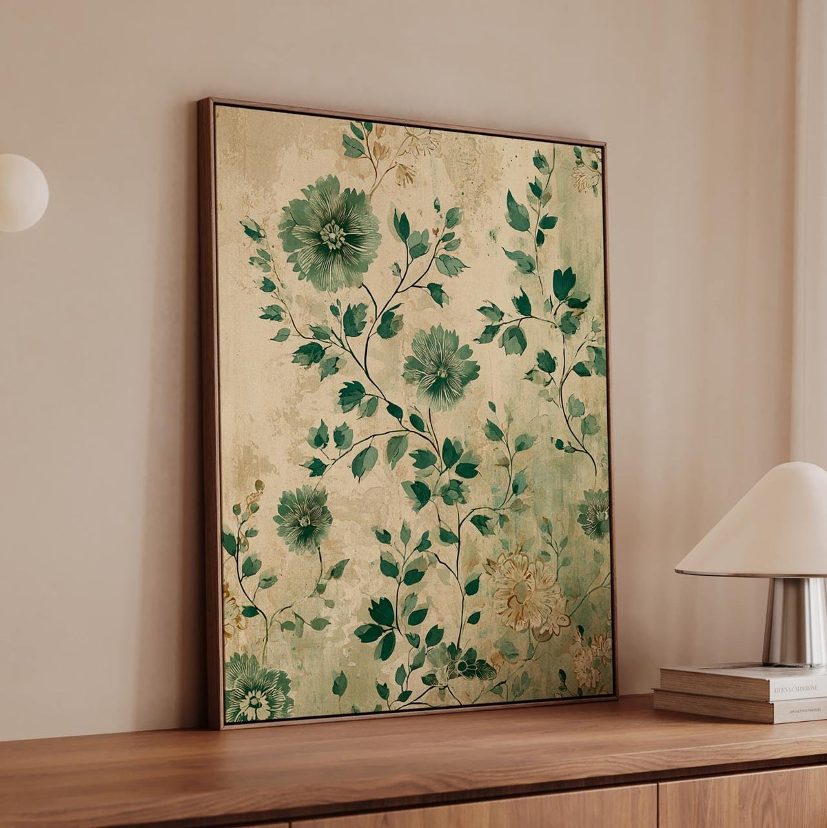 Vintage Green Sunflower Flowers Bouquet - Framed Canvas Wall Art Print, Botanical Floral Decor for Living Room, Bedroom,