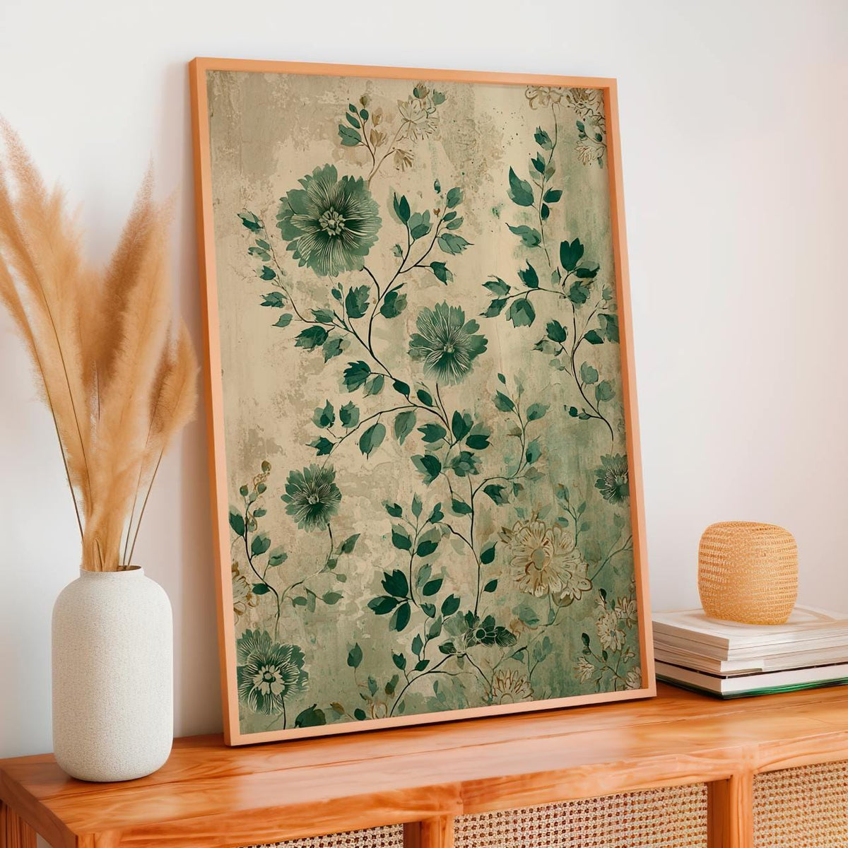 Vintage Green Sunflower Flowers Bouquet - Framed Canvas Wall Art Print, Botanical Floral Decor for Living Room, Bedroom,