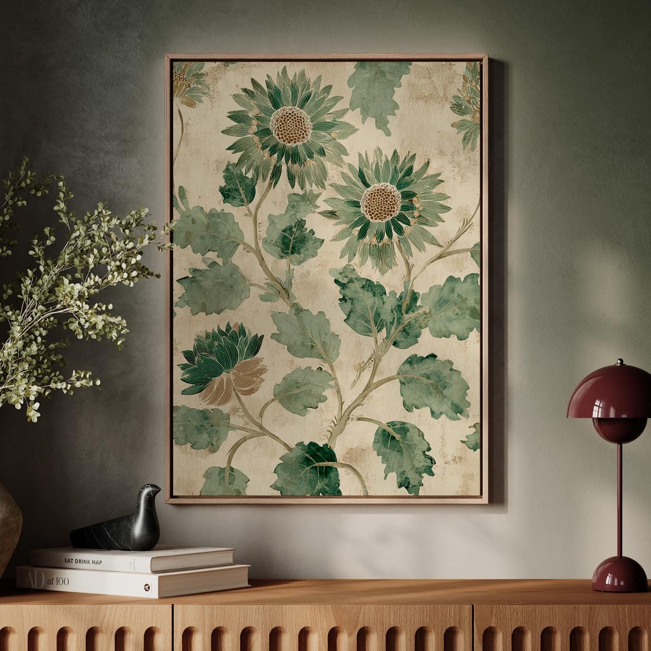 Pale Green Botanical Flowers Vintage Print - Large Framed Canvas Wall Art, Abstract Floral Decor for Living Room Decor, 