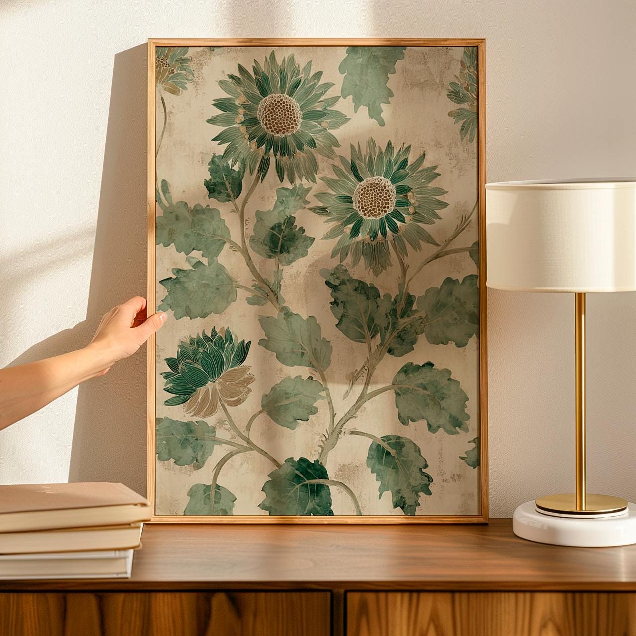 Pale Green Botanical Flowers Vintage Print - Large Framed Canvas Wall Art, Abstract Floral Decor for Living Room Decor, 