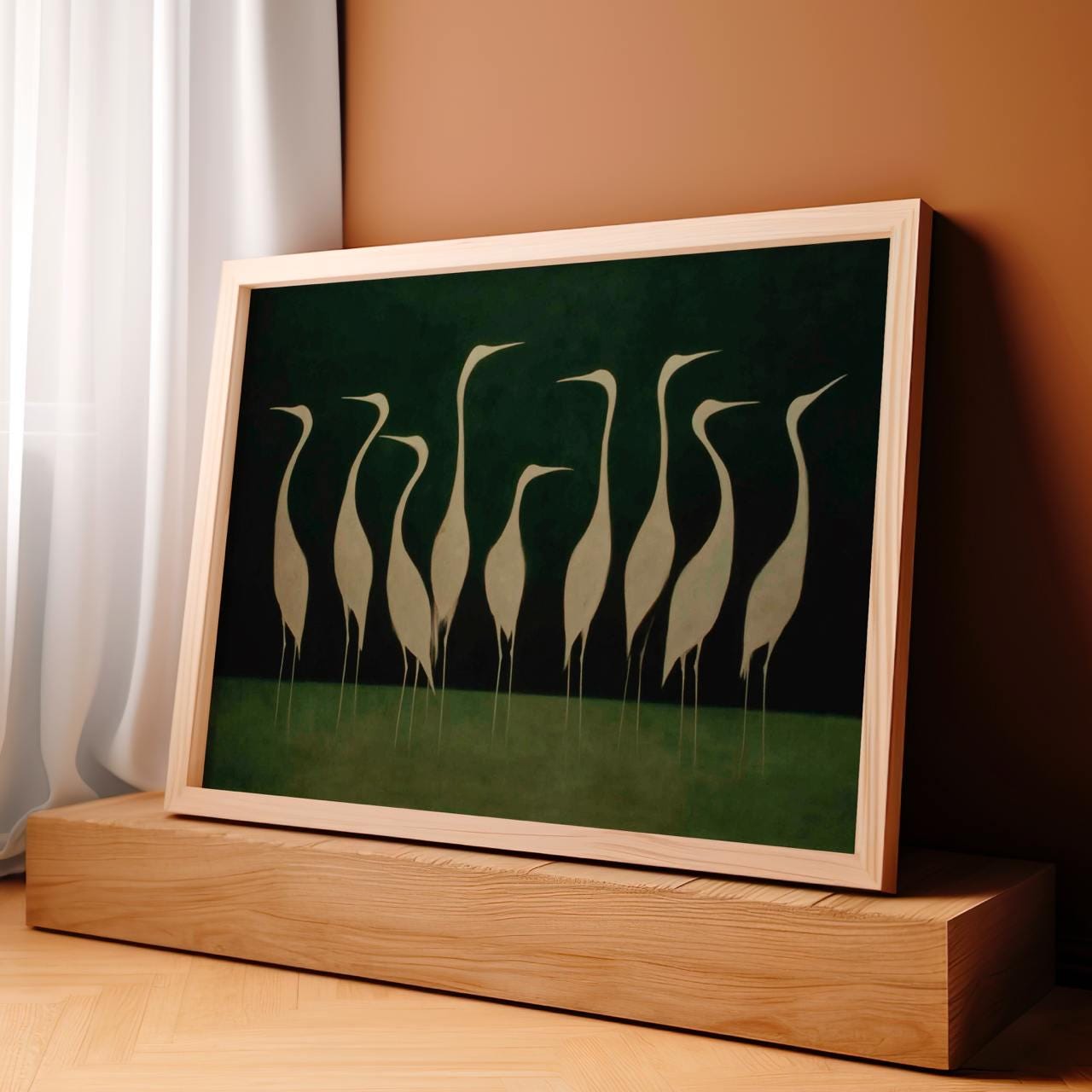 Graceful White Heron Birds Silhouette - Framed Canvas Wall Art Print, Minimalist Nature Decor for Living Room, Coastal B
