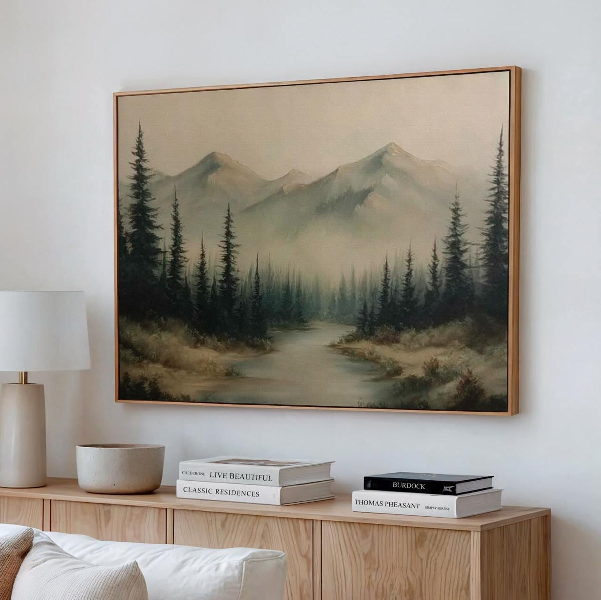 Dark Foggy Forest Mountains Silhouette - Framed Canvas Wall Art Print, Atmospheric Landscape Decor for Living Room, Cozy