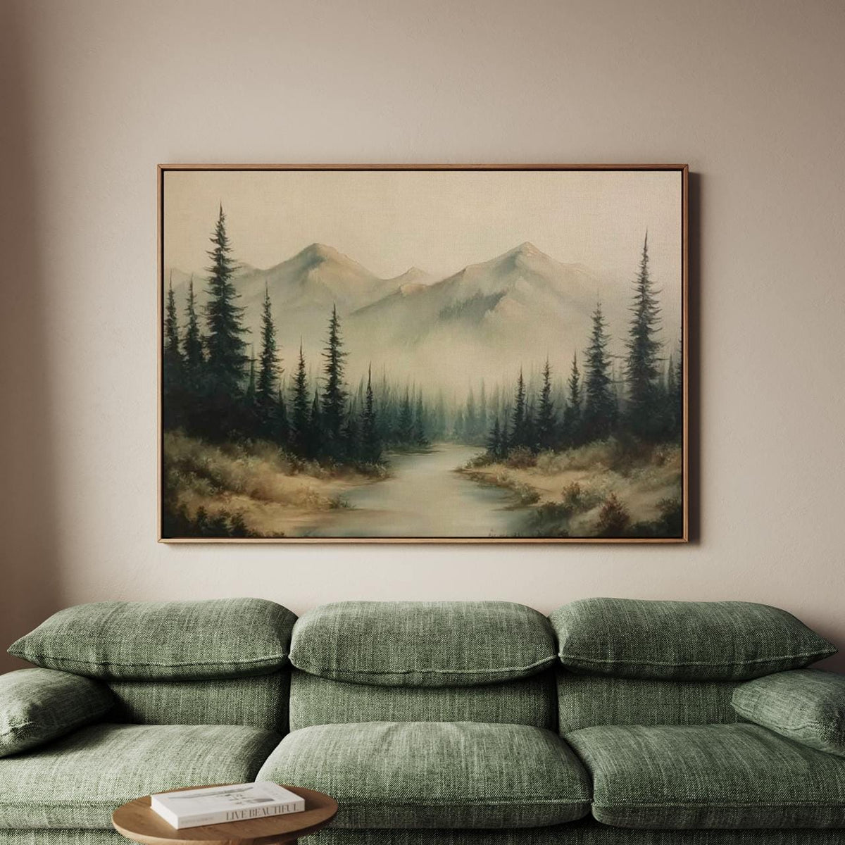 Dark Foggy Forest Mountains Silhouette - Framed Canvas Wall Art Print, Atmospheric Landscape Decor for Living Room, Cozy